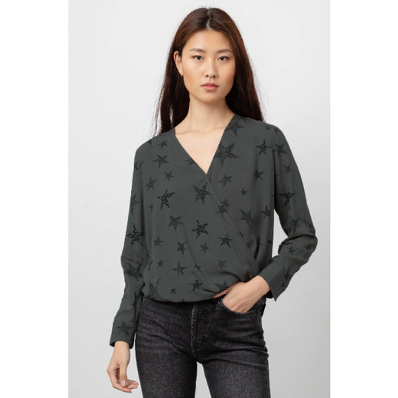 Rails Tops - Rails Cheetah Stars Hillary Blouse Women's Size M Charcoal Gray Crossover Wrap